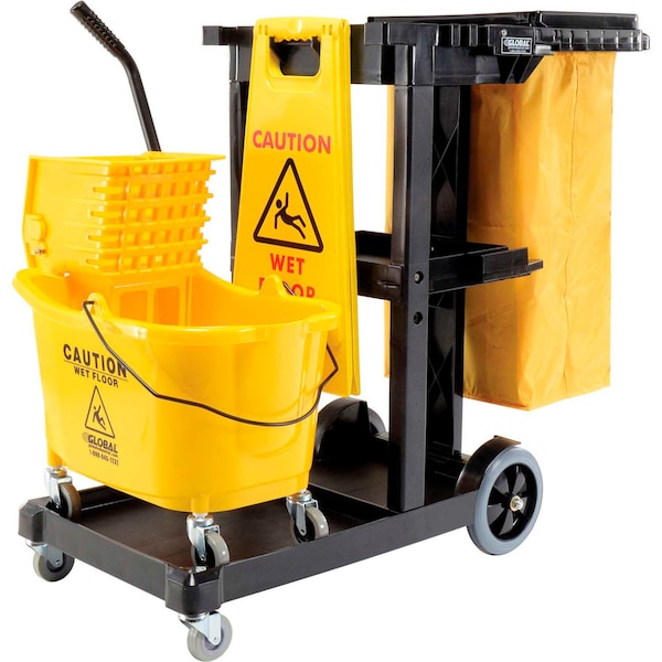 Global Industrial Janitor Cart Black with Mop Bucket and Wet Floor Sign 800308 - main